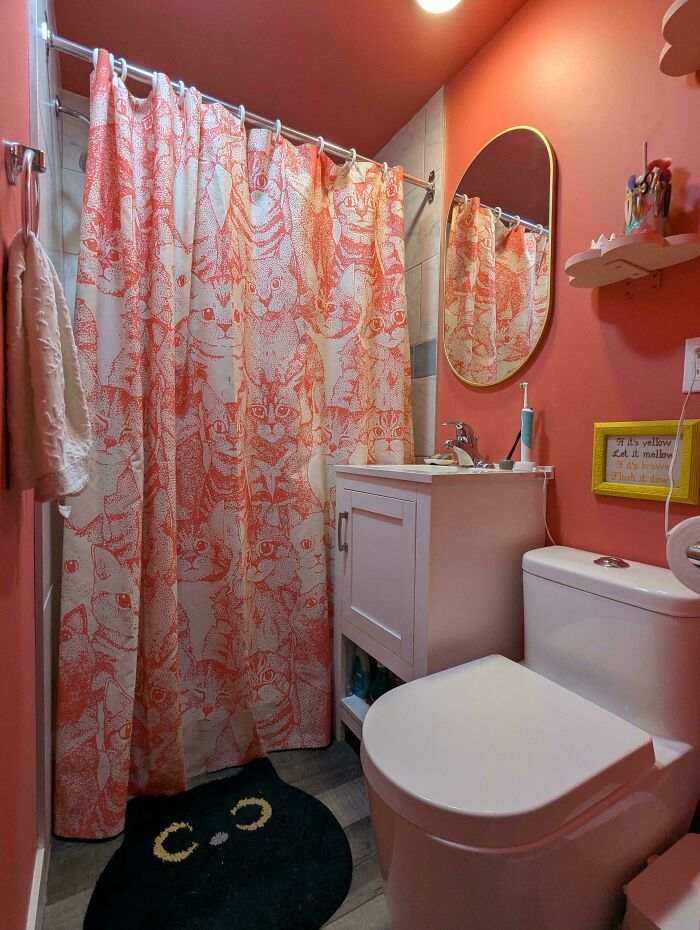 Small bathroom with beautifully decorated homes theme featuring coral walls, cat shower curtain, and unique decor accents.