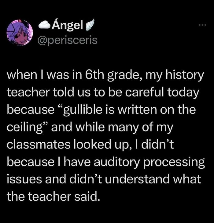 Tweet about a 6th-grade history teacher's prank involving the word gullible, highlighting really dumb tweets humor.