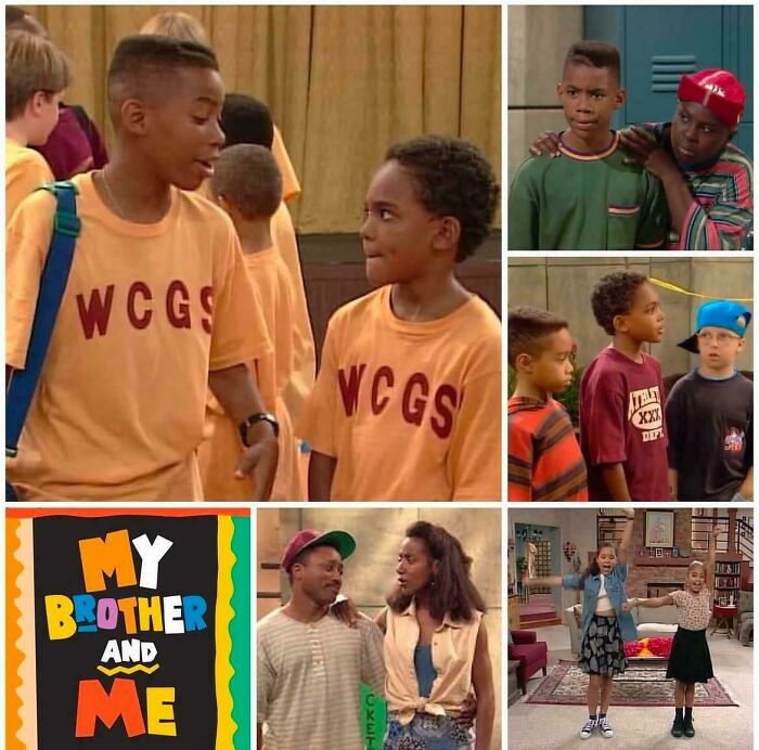 Collage of scenes from 1990s show "My Brother and Me" featuring kids in colorful outfits.