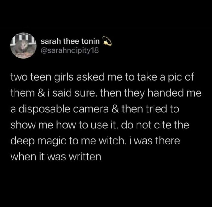 Tweet about teens asking to take a pic with a disposable camera, illustrating really dumb tweets that make you laugh.