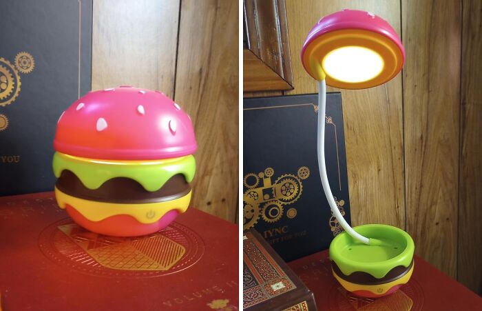 Hamburger-shaped lamp with adjustable design, a quirky choice among the funniest Amazon finds.