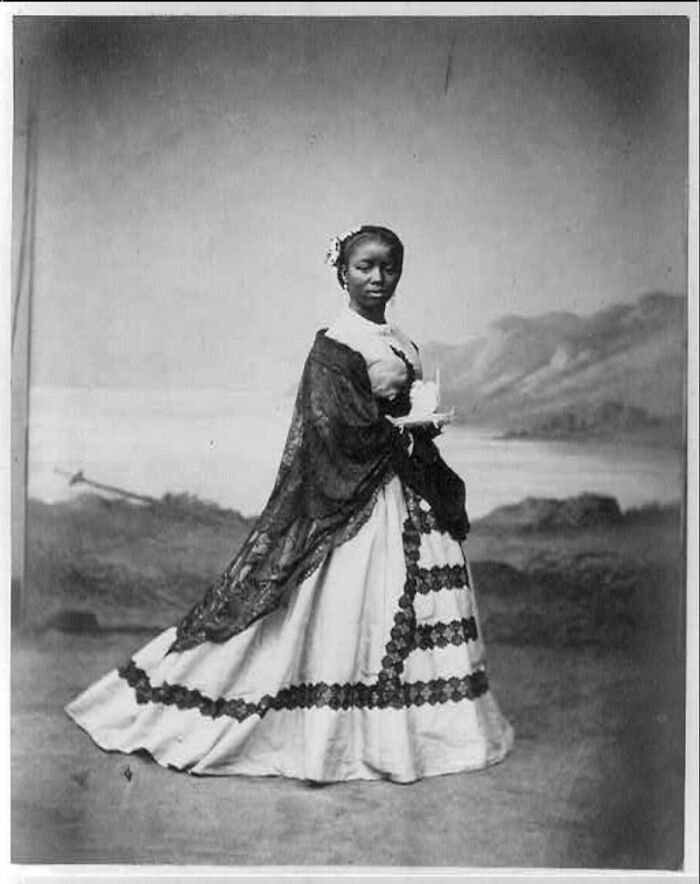 Victorian era woman in elegant dress, standing with landscape backdrop, illustrating historical fashion.