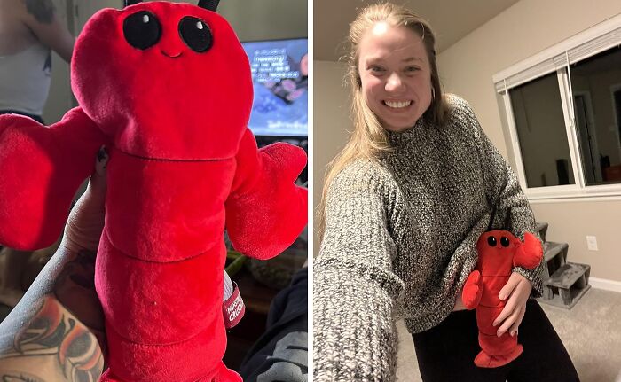 A smiling woman holding a plush red lobster toy, one of the funniest Amazon finds.