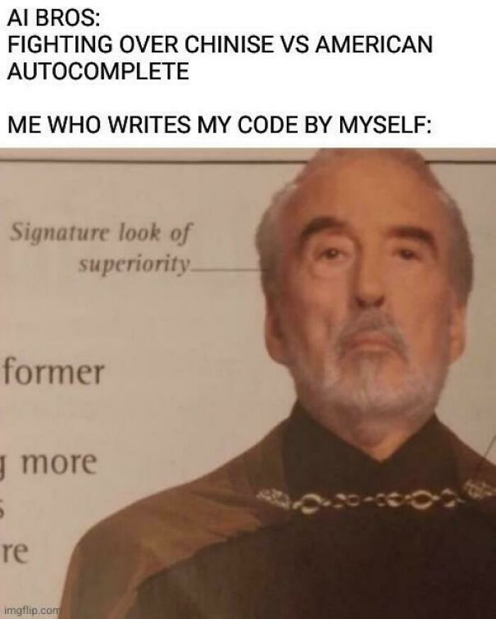 Meme for programmers featuring a humorous comparison about coding superiority and AI autocomplete choices.