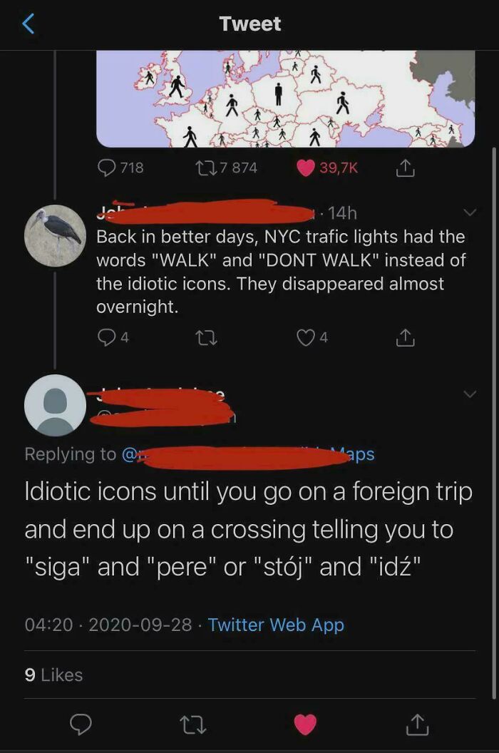 Tweet discussing NYC traffic lights using words instead of icons, highlighting confusing pedestrian signals in foreign countries.