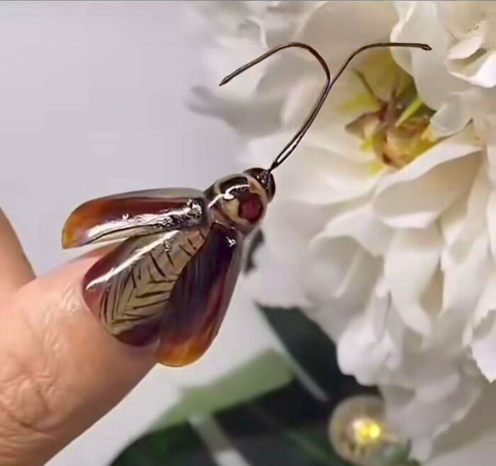 Realistic bug nail art on finger, showcasing awful taste but great e*******n in detailed design.