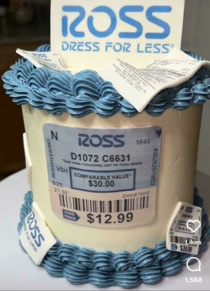 Cake decorated with Ross price tags and receipts, a funny example of awful taste but great e*******n in design.