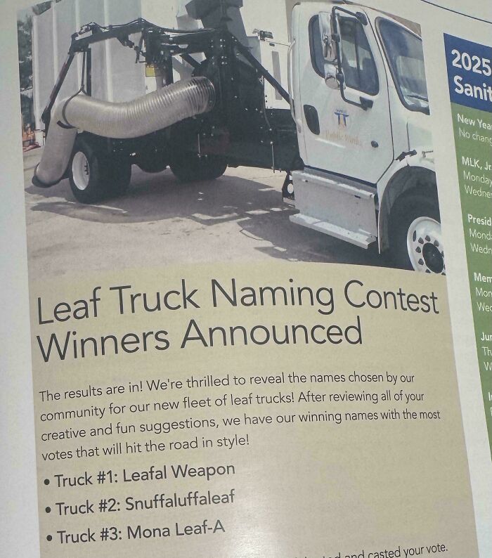 Leaf truck with contest results, showcasing amusing names like "Leafal Weapon" and "Snuffaluffaleaf."