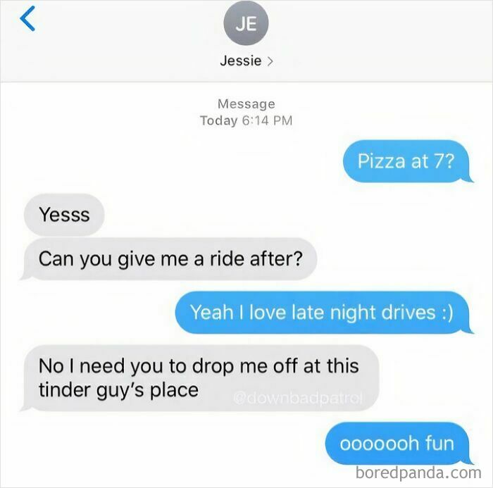 Text conversation showing awkward date moments with a request for a ride to meet someone else.