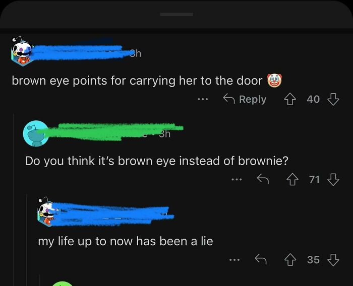Reddit post about hilarious misunderstandings involving "brown eye" instead of "brownie" with humorous replies.