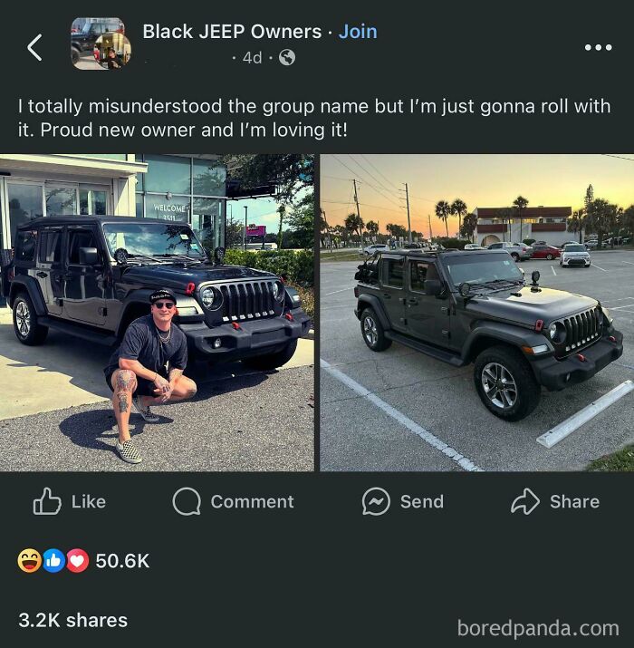 Man posing with a Jeep in dealership lot; humorous misunderstandings of group name mentioned in text above.