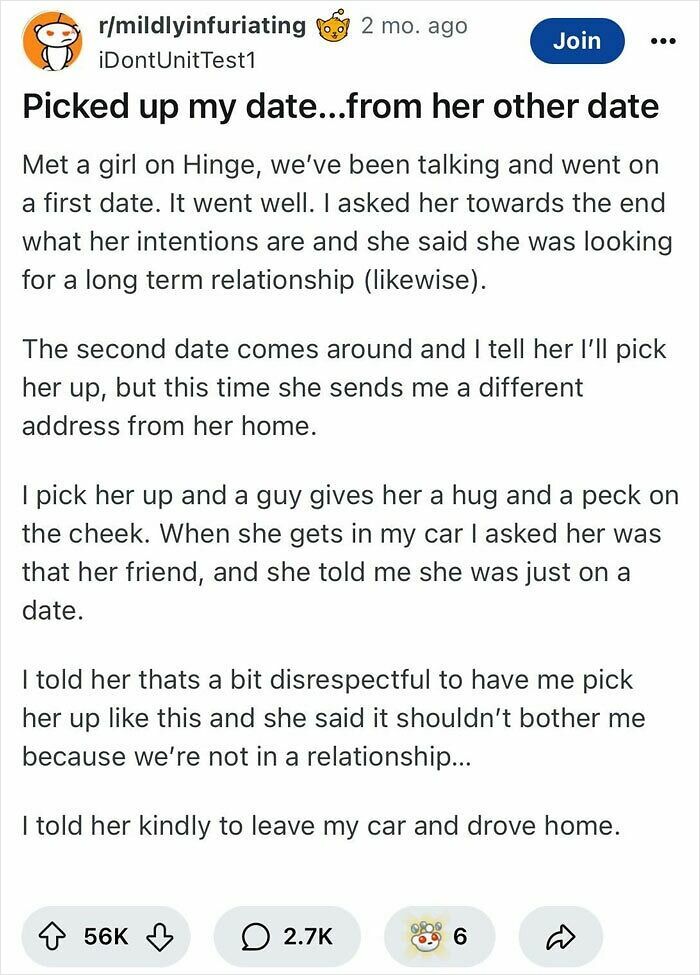 Text post about awkward date moments, describing a situation of picking up a date from another date.