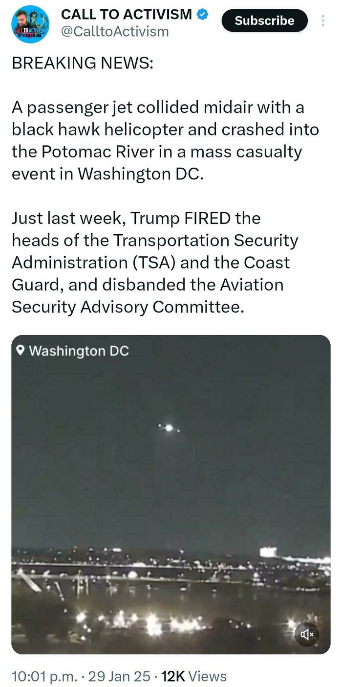 Tweet showing a breaking news update on a passenger jet and helicopter crash in Washington DC with activism commentary.