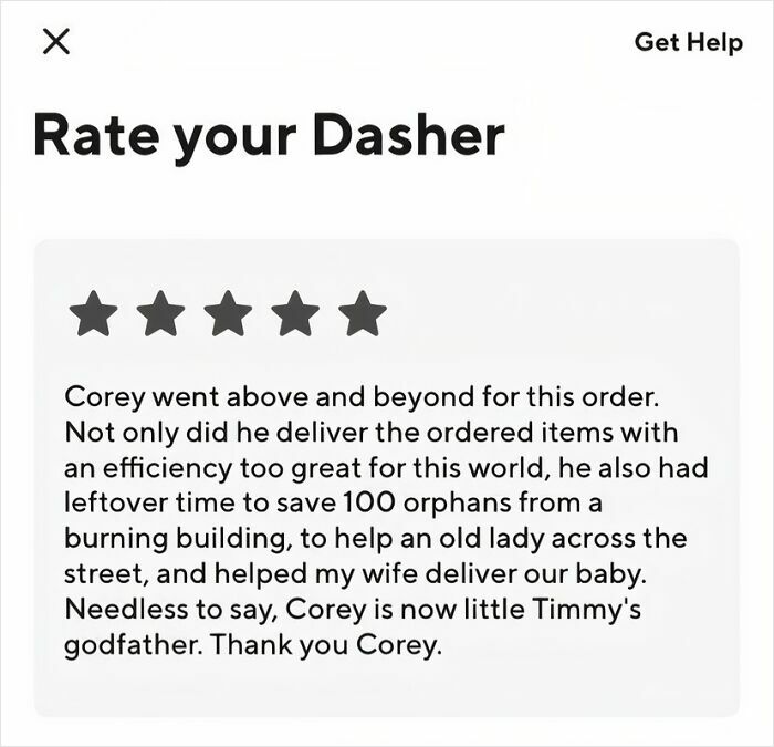 Funny review of a delivery driver praised for heroic actions in a five-star rating.