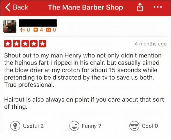 Funny review of a barber shop highlighting a humorous encounter during a haircut, rated with five stars.