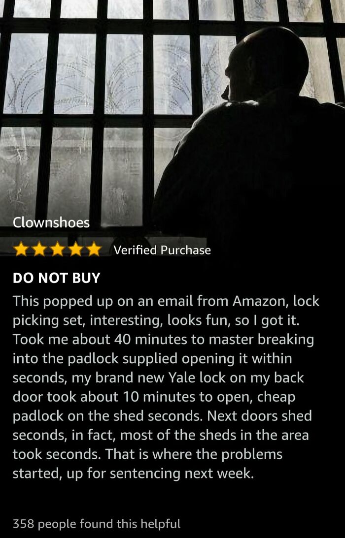 Funny review of a lock picking set purchase with humorous consequences, featuring a silhouette by a barred window.