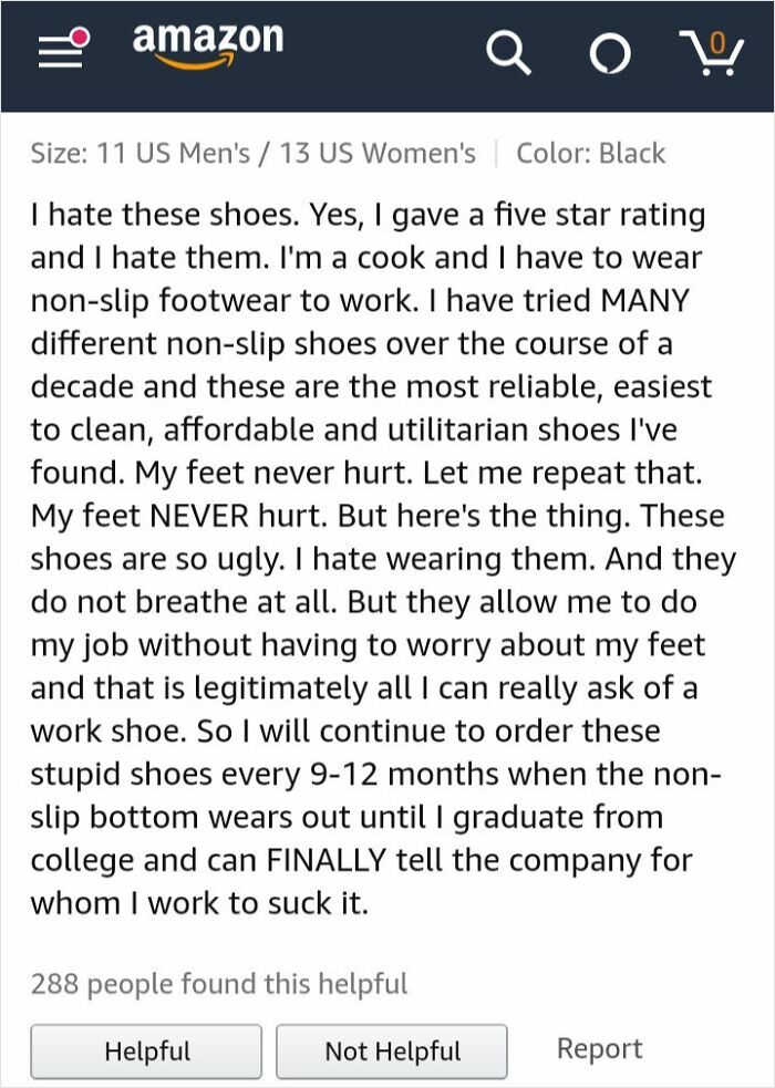 Funny review of non-slip shoes on Amazon, highlighting their comfort yet unattractive appearance.