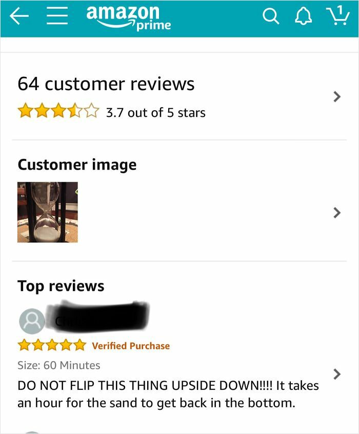 Funny review of an hourglass on Amazon, warning others not to flip it, highlighting humorous misunderstanding.
