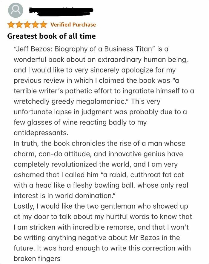 Hilarious online book review apologizing with humor for a previous critique of Jeff Bezos's biography.