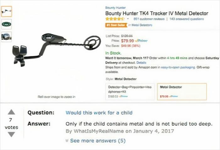 Funny review of a metal detector asking if it's child-friendly, with a humorous response about children containing metal.