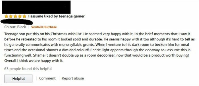 Funny review of a product favored by a teenage gamer, mentioning its room enhancements and parental satisfaction.