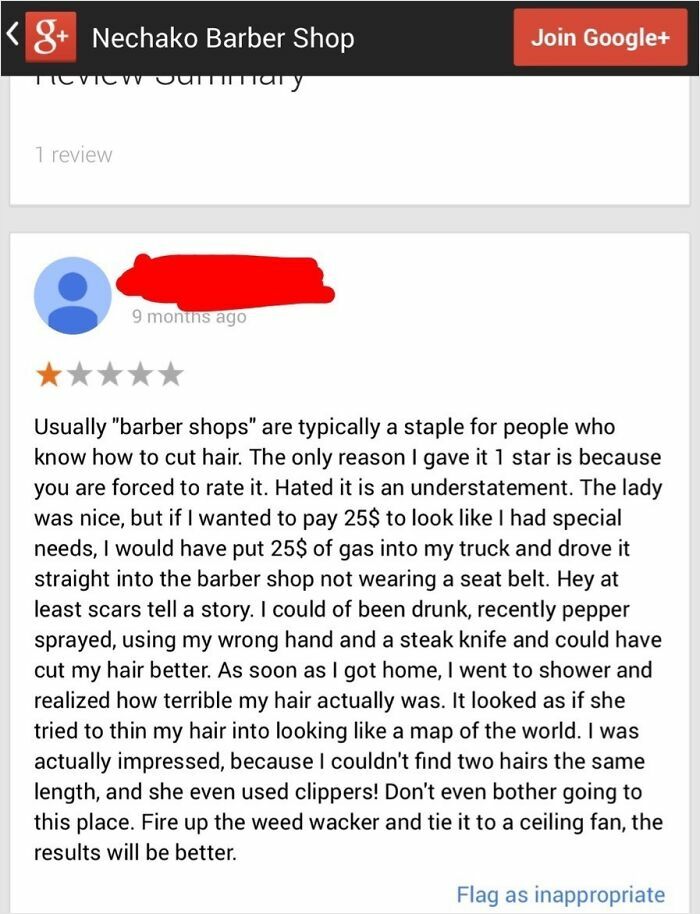One-star review of Nechako Barber Shop with humorous text describing a bad haircut experience.