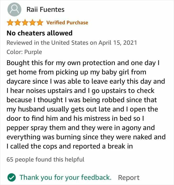 Funny review about catching a cheating husband with pepper spray rated 5 stars on a product page.
