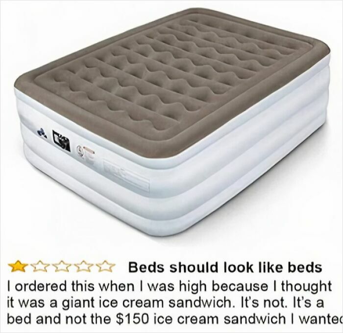Funny review of an air mattress resembling a giant ice cream sandwich with a one-star rating.