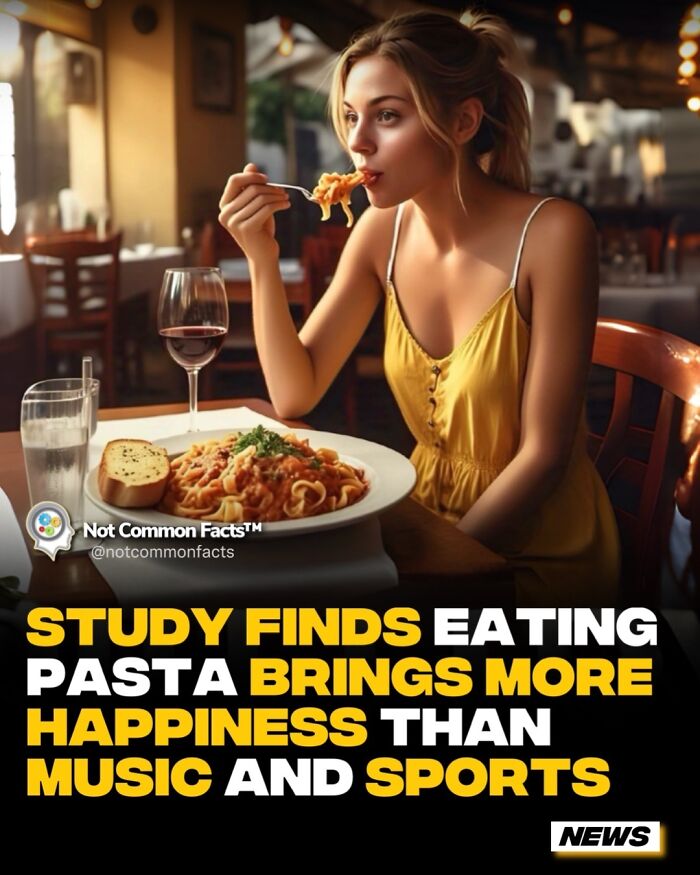 Woman eating pasta in a restaurant, looking happy; study finds pasta brings more happiness than music and sports.