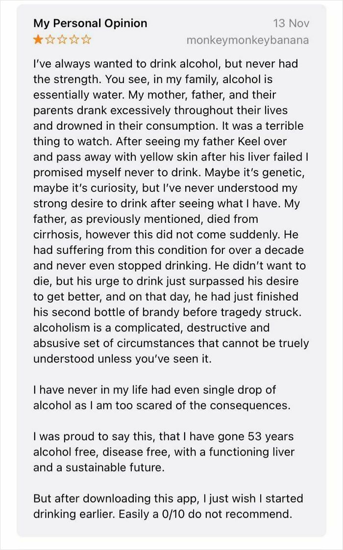 Funny review about alcohol consumption, rated 1 star.