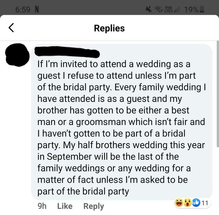 Text message showing a complaint about being a guest and not part of the bridal party at weddings.