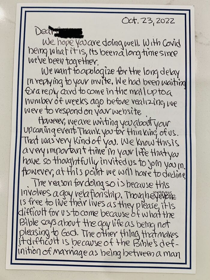 Handwritten letter declining a wedding invitation, citing biblical reasons, linked to the topic of terrible wedding guests.