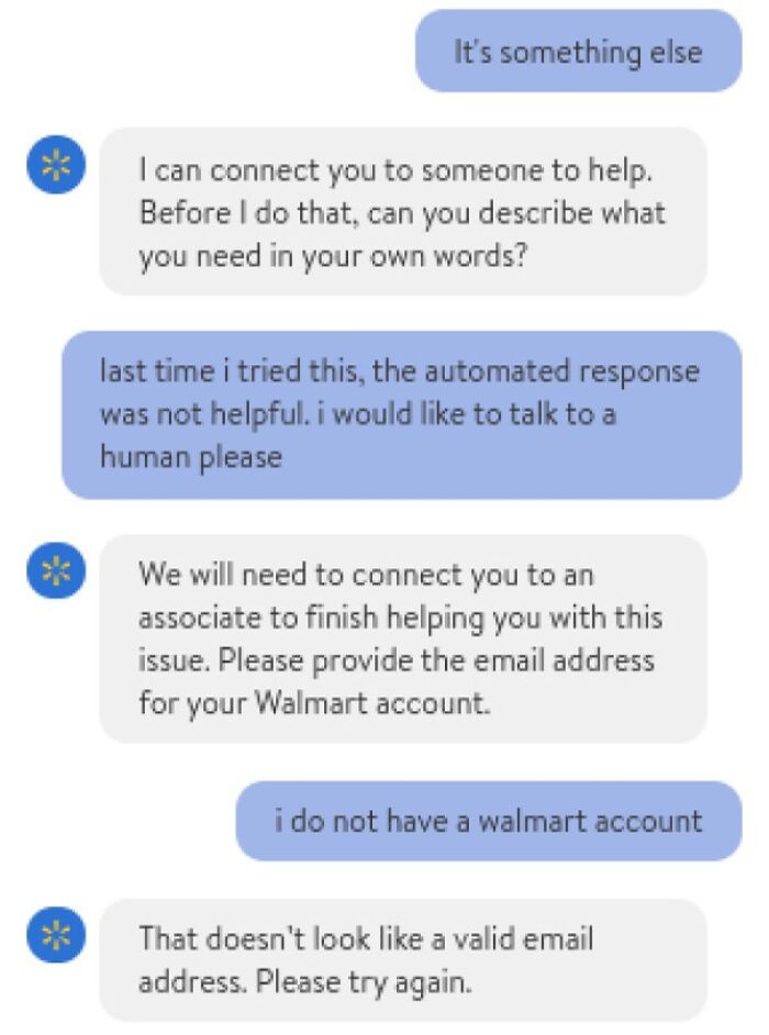 Chat support conversation highlighting infuriating replies about providing a Walmart account email.