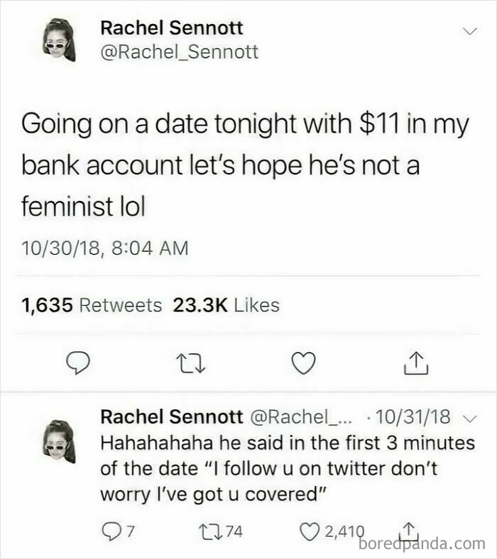 Tweet about a humorous awkward-date-moment with $11 in bank, mentioning feminism.