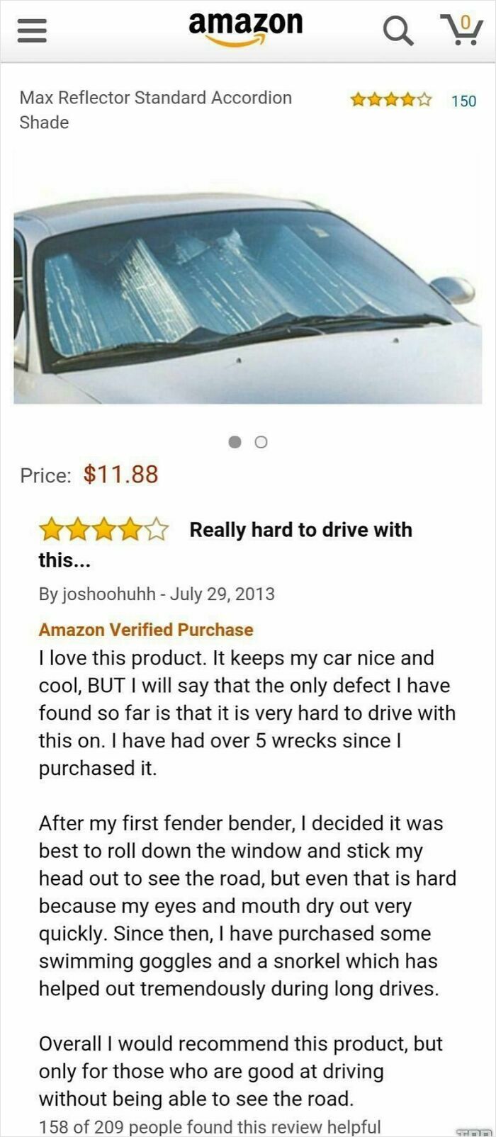 Funny review on Amazon about a car sunshade, noting difficulty driving while using it.