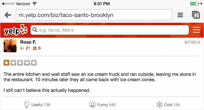 Funny review of a restaurant where staff left to buy ice cream.