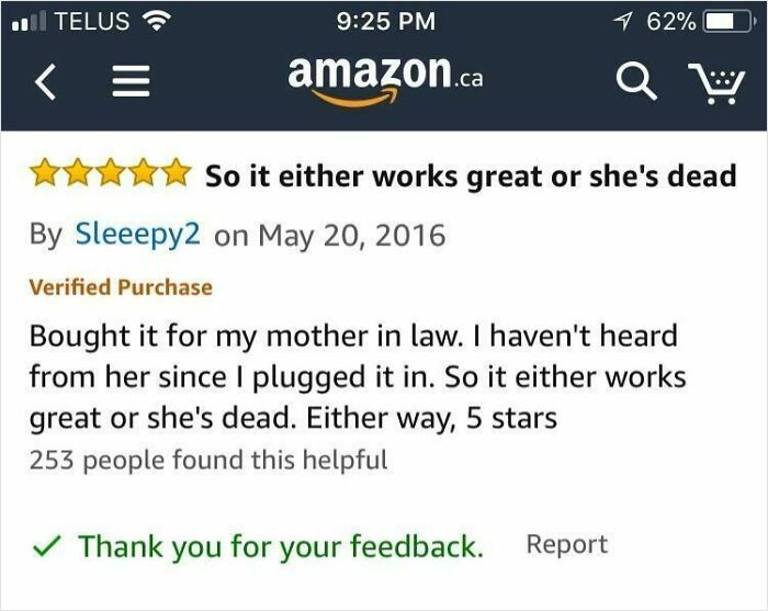Funny review on Amazon about a product for mother-in-law with a 5-star rating.