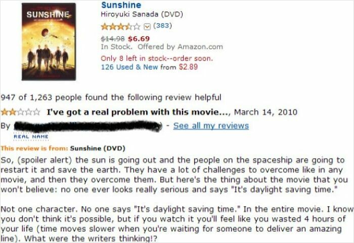 Funny online review of Sunshine DVD, highlighting a complaint about the lack of realism regarding daylight saving time dialogue.