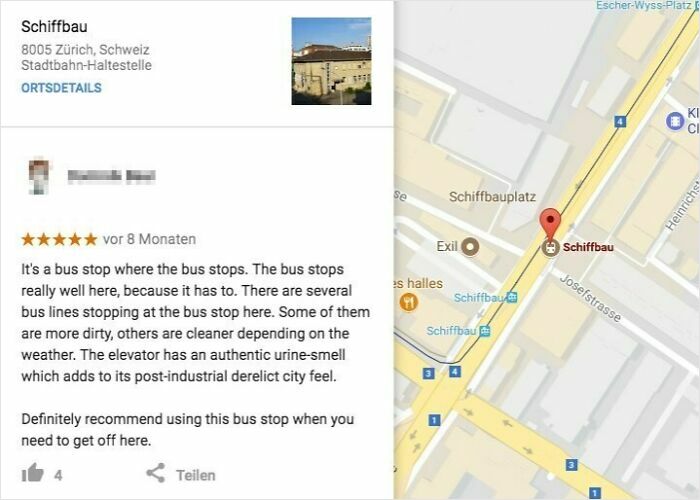 Funny review of Schiffbau bus stop mentioning its appeal and unique characteristics, shown with a map location.