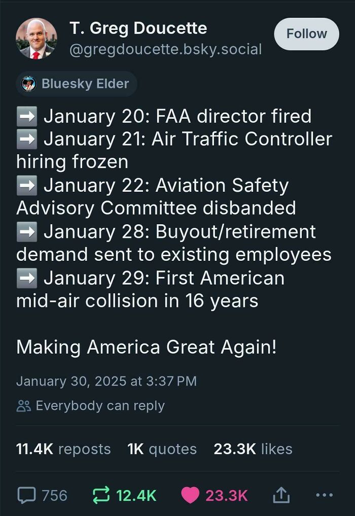 Tweet listing January aviation failures and first mid-air collision, highlighting America facepalm moments and lack of common sense.