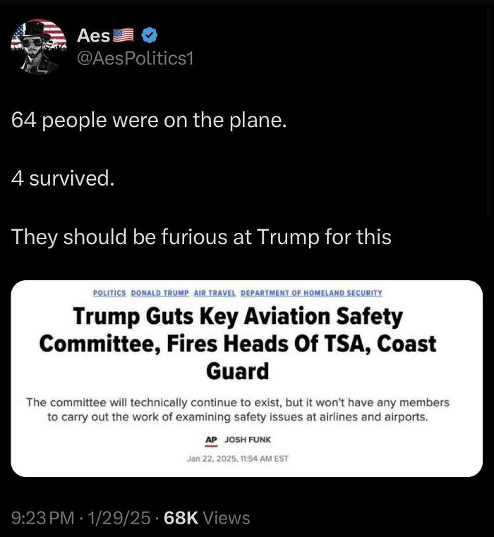 Tweet about aviation safety and courage in speaking out against Trump’s actions affecting TSA and Coast Guard leadership.