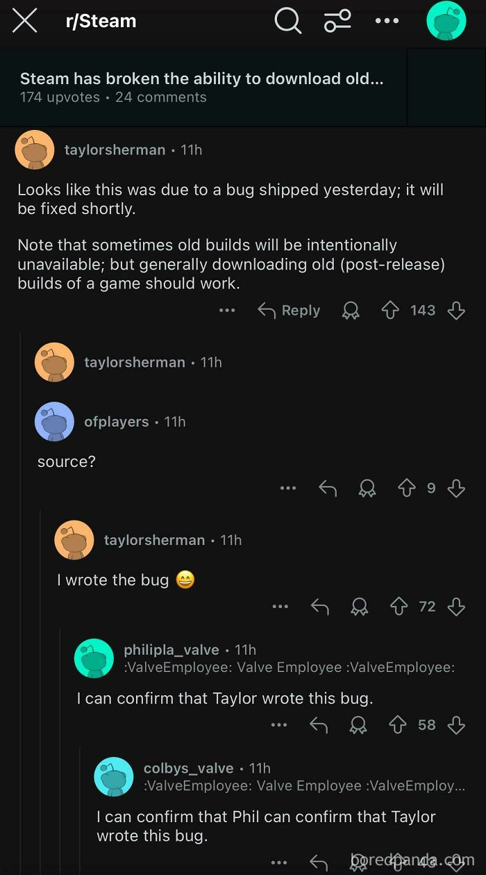 Reddit thread showing hilarious online misunderstanding where users didn’t know who they were speaking to about a bug.