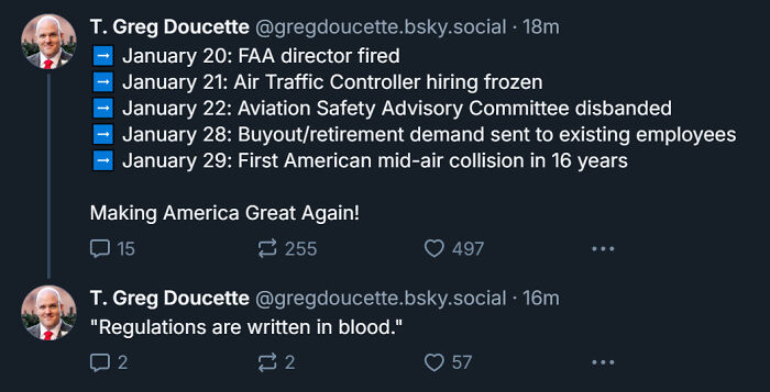 Tweet thread showing courageous statements about recent FAA actions and aviation safety incidents shared on social media.