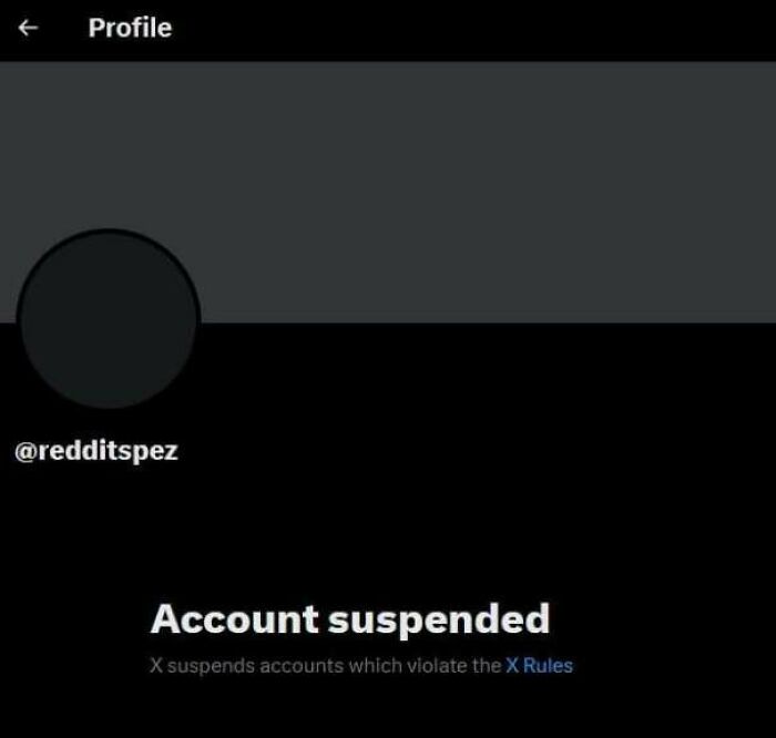Screenshot of a suspended Twitter account message showing enforcement of platform rules on a dark background.