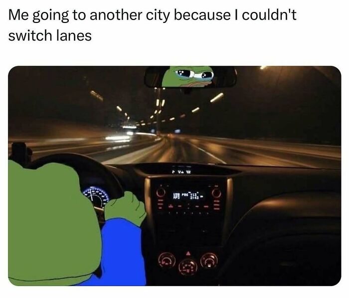 Pepe the Frog driving at night, humorously depicting barely holding it together in relatable funny posts.