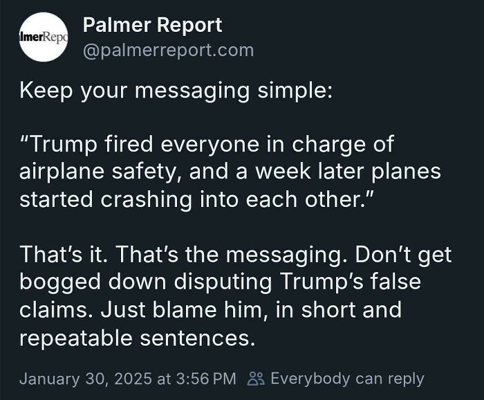 Tweet showing courage with a bold statement on airplane safety and political messaging in short, clear sentences.