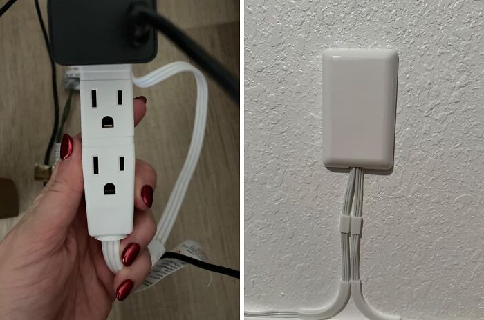 Simple DIY electrical setup for home, showing power strip and cord concealment for not-handy people.