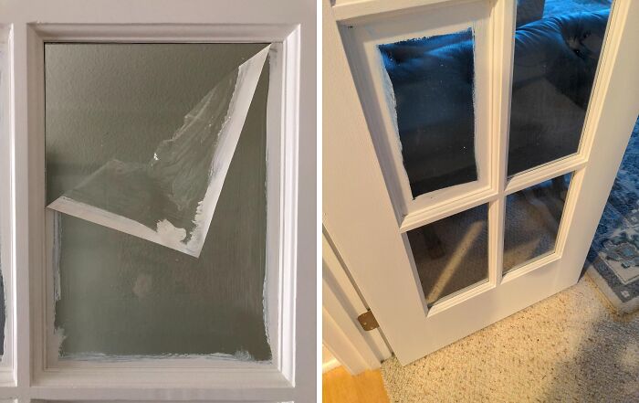 DIY gone wrong: glass panes installed incorrectly on a door, capturing a common mishap for not-handy people.