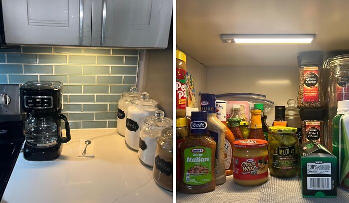 Kitchen counter with coffee maker and pantry shelf, showcasing easy home DIY for not-handy people.