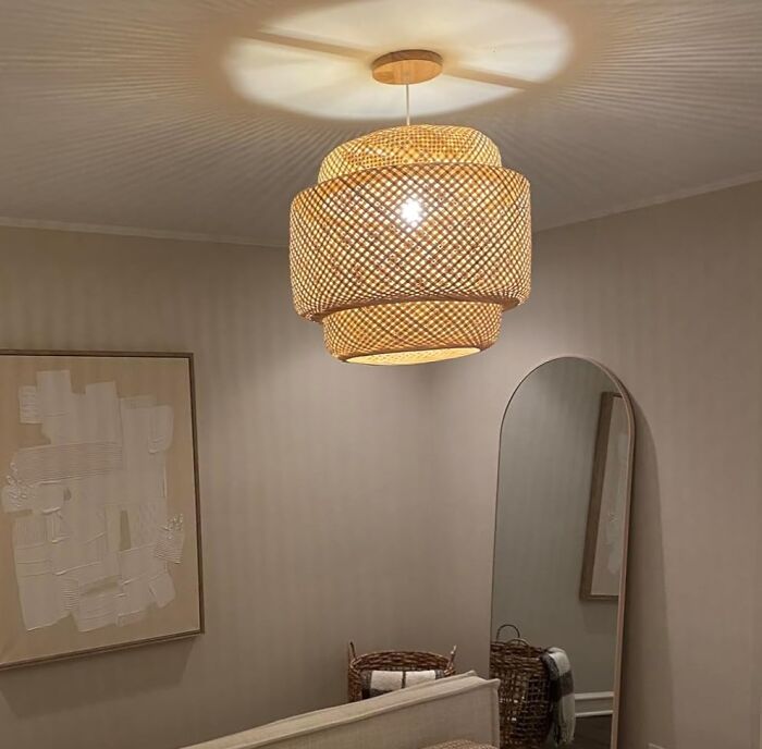 Woven ceiling lamp in a cozy room, showcasing simple home DIY decor for not-handy people.